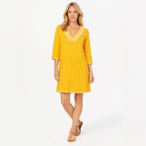 Boden YellowEmbroidered V-Neck Dress UK10 US 6 Boho Cotton Shift